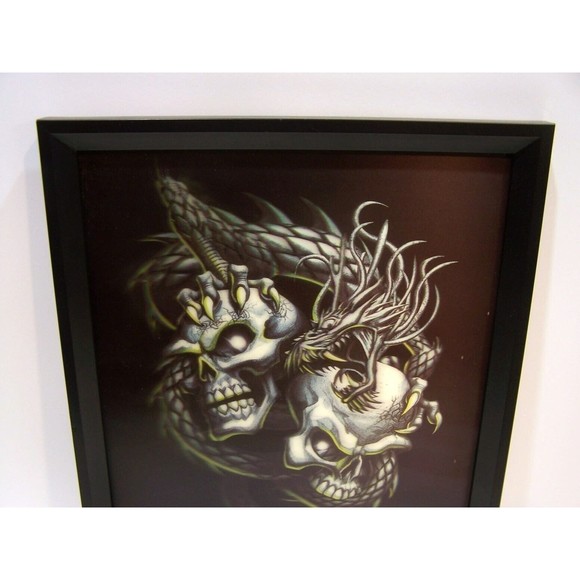 Vintage Holographic Skulls Dragon Psychedelic Illusion Framed Picture Art 13X16 - Picture 9 of 9